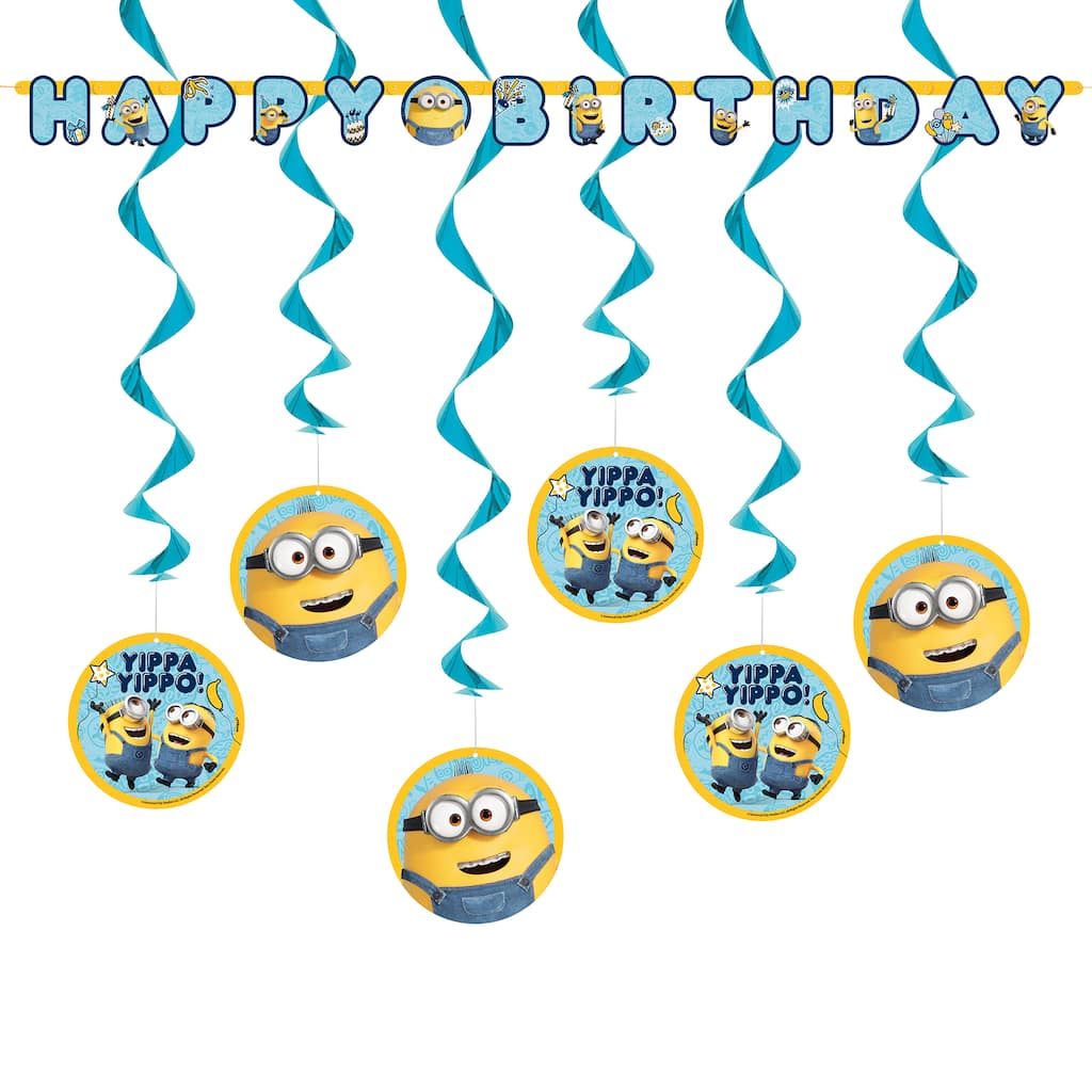 despicable me minions birthday banner and hanging swirls party decorating kit 7pc